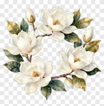 Watercolor Magnolia Flower Wreath PNG