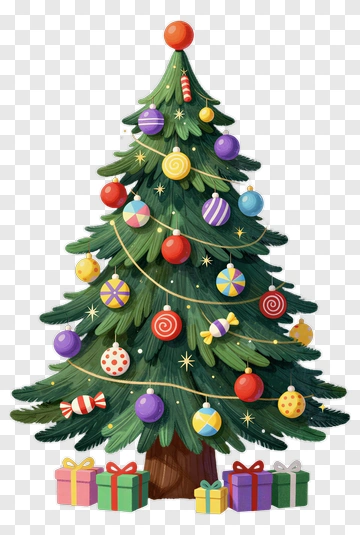 Colorful Christmas Tree With Decorations And Gifts PNG