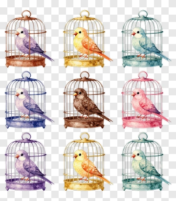 Colorful Birds In Cages PNG