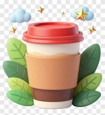 3D Coffee Cup Surrounded By Leaves And Clouds PNG