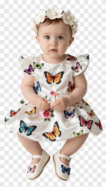 Baby Girl In Butterfly Dress With Flower Headband PNG