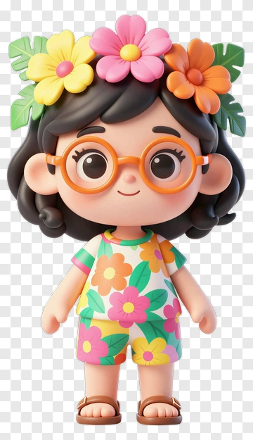 Cartoon Girl With Flower Crown And Colorful Outfit PNG