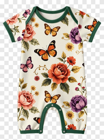 Floral Baby Romper With Butterflies PNG
