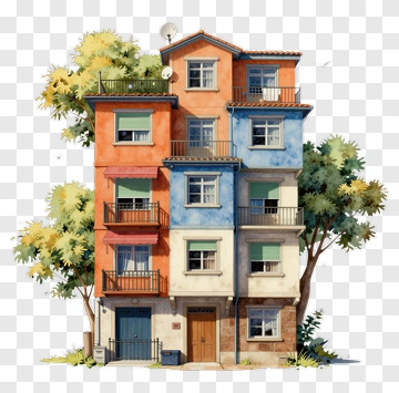 Colorful Apartment Building Surrounded By Trees PNG