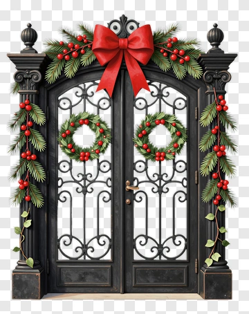 Christmas Door Decorated With Wreaths And Red Bow PNG