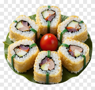 Sushi Rolls With Tomato On A Leaf Plate PNG