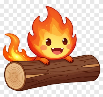 Cartoon Flame Character Sitting On A Log PNG