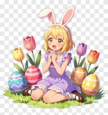Girl In Bunny Ears Surrounded By Easter Eggs And Flowers PNG