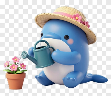Cute Blue Whale Watering Flowers PNG