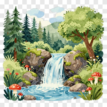 Waterfall In A Forest Landscape PNG