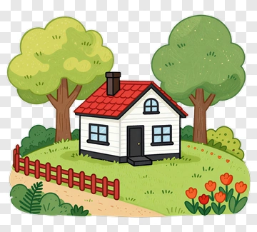 Cartoon House Surrounded By Trees And Flowers PNG