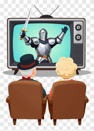 Cartoon Elderly Couple Watching A Knight On Tv PNG