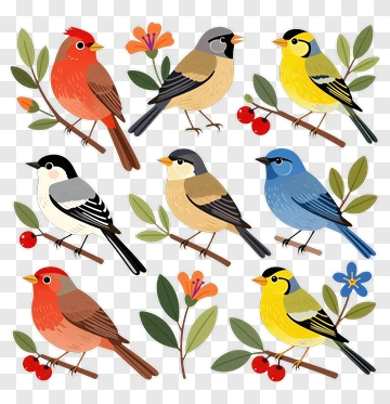 Colorful Birds On Branches PNG