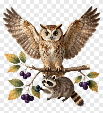 Owl And Raccoon On A Branch With Grapes PNG