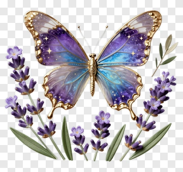 Butterfly With Lavender Flowers PNG