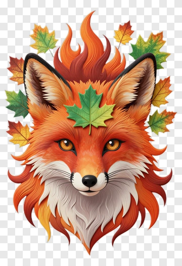 Colorful Fox With Autumn Leaves PNG