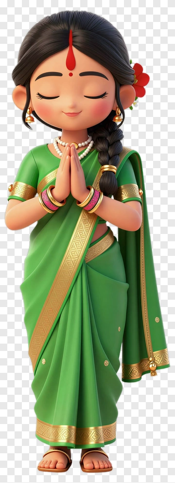 Cartoon Woman In Green Saree Praying PNG