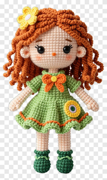 Crochet Doll With Orange Hair And Green Dress PNG