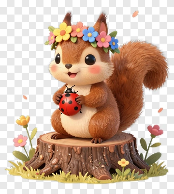 Cartoon Squirrel Holding A Ladybug On A Tree Stump PNG