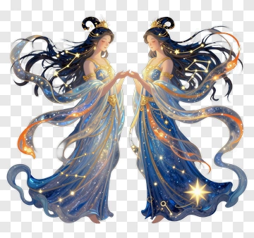 Celestial Twin Goddesses Holding Hands PNG