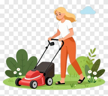 Woman Mowing The Lawn With A Lawn Mower PNG