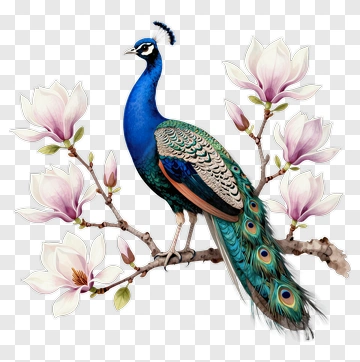 Colorful Peacock Standing Among Magnolia Flowers PNG