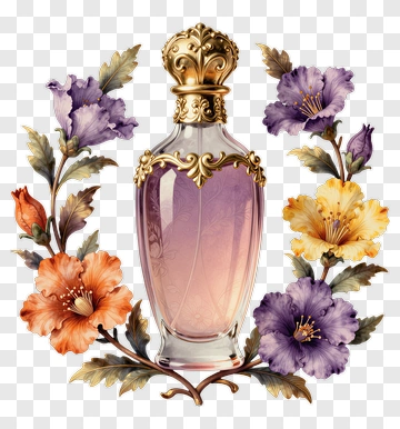 Elegant Perfume Bottle Surrounded By Colorful Flowers PNG