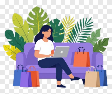 Woman Shopping On A Laptop In A Cozy Living Room PNG