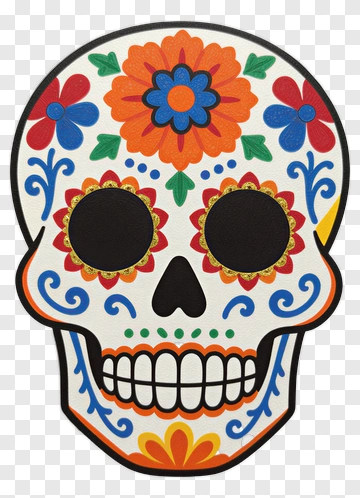 Colorful Sugar Skull With Floral Designs PNG