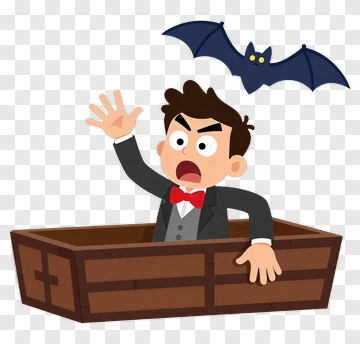 Cartoon Boy In A Coffin With A Bat PNG