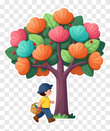 Cartoon Boy Walking By A Colorful Tree PNG