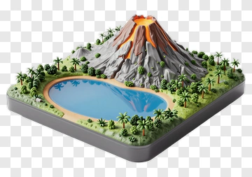 Volcano Model With Lake And Palm Trees PNG