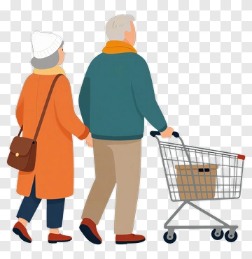 Elderly Couple Walking With A Shopping Cart PNG