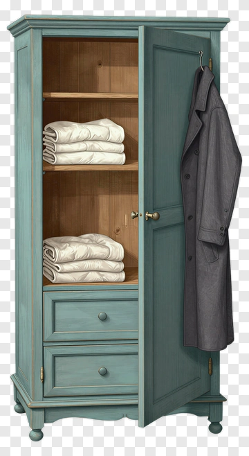 Wooden Wardrobe With Folded Towels And Coat PNG