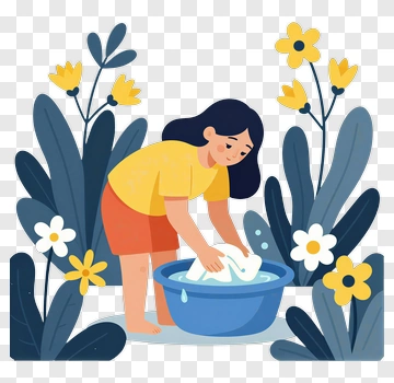Woman Washing Clothes In A Blue Basin PNG