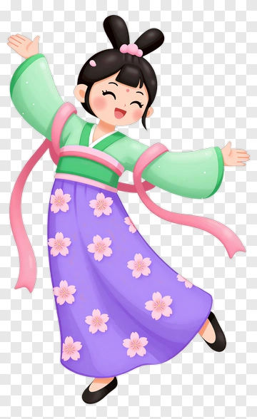 Cartoon Girl In Colorful Traditional Dress PNG