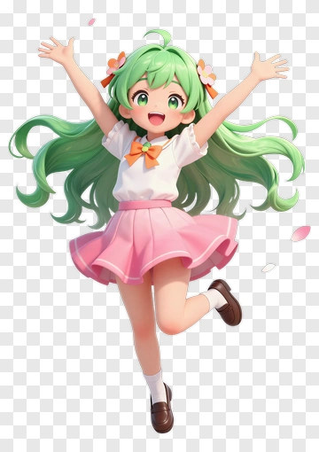 3D Girl Jumping With Green Hair And Pink Skirt PNG