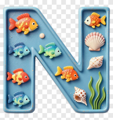 Colorful Letter N With Fish And Shells PNG
