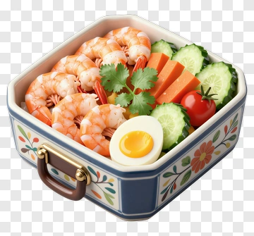 Shrimp Bento Box With Vegetables And Egg PNG