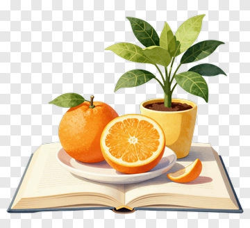 Open Book With Orange And Potted Plant PNG