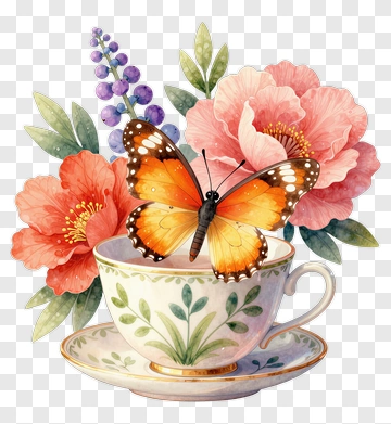 Butterfly On Floral Tea Cup PNG