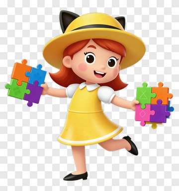 Cartoon Girl Holding Colorful Puzzle Pieces PNG