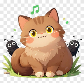 Cartoon Cat Sitting With Bugs PNG
