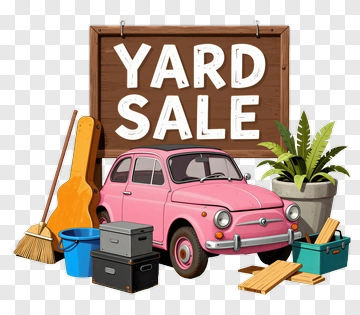 Yard Sale With Pink Car And Various Items PNG