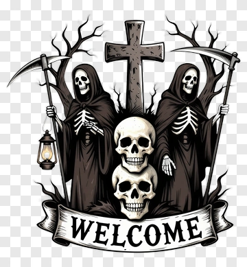 Halloween Welcome Sign With Skeletons And Cross PNG