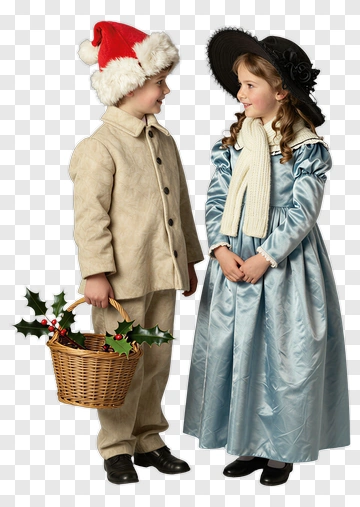 Children In Christmas Costumes With A Basket Of Holly PNG