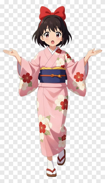 Girl In Pink Kimono With Floral Patterns PNG