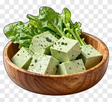 Green Tofu With Fresh Spinach In A Wooden Bowl PNG