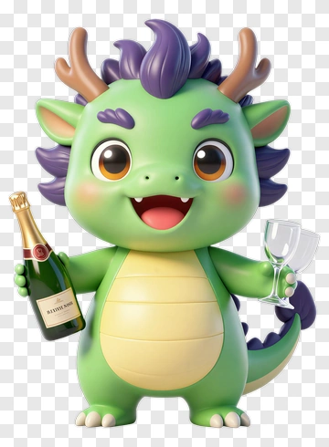 Cartoon Dragon Holding Champagne And Glasses PNG