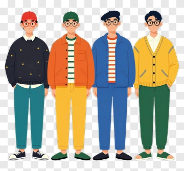 Cartoon Group Of Four Young Men In Casual Outfits PNG